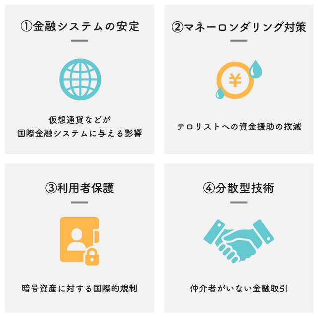 ①金融システムの安定②マネーロンダリング対策③利用者保護④分散型技術