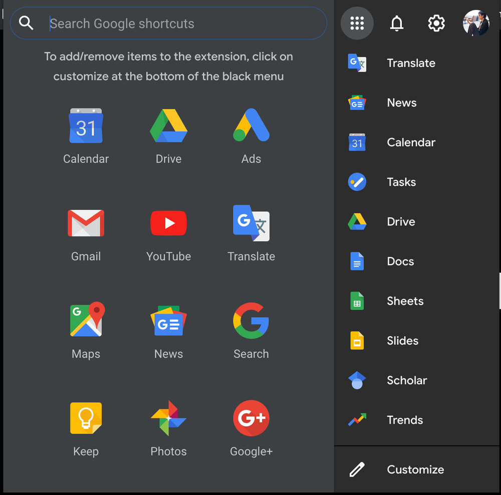 Googleのサービスがすぐに開けるBlack Menu。